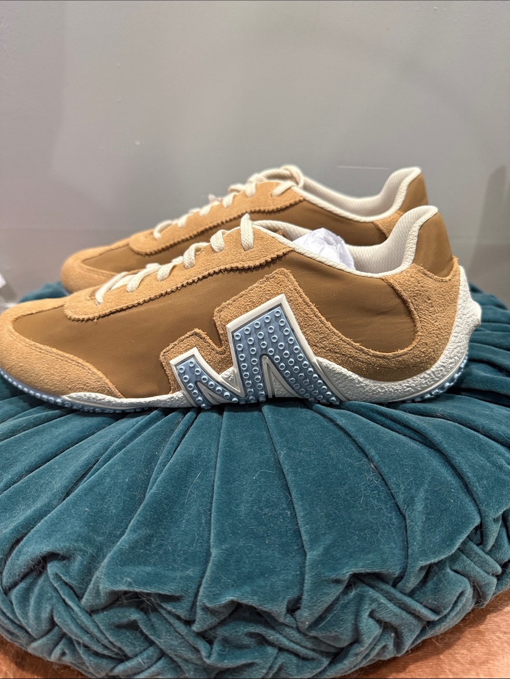 NWT and box, Merrell Tan Suede & Leather Low-Top Sneakers with White Accents